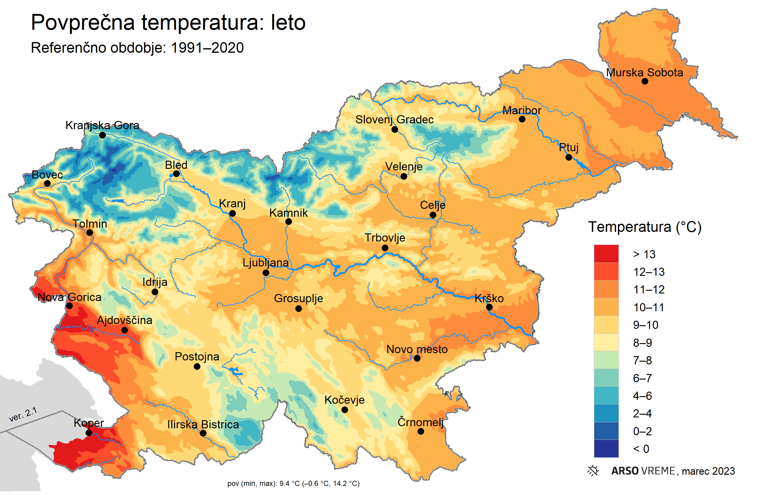 Karta povprečne letne temperature zraka v Sloveniji v obdobju 1991-2020
